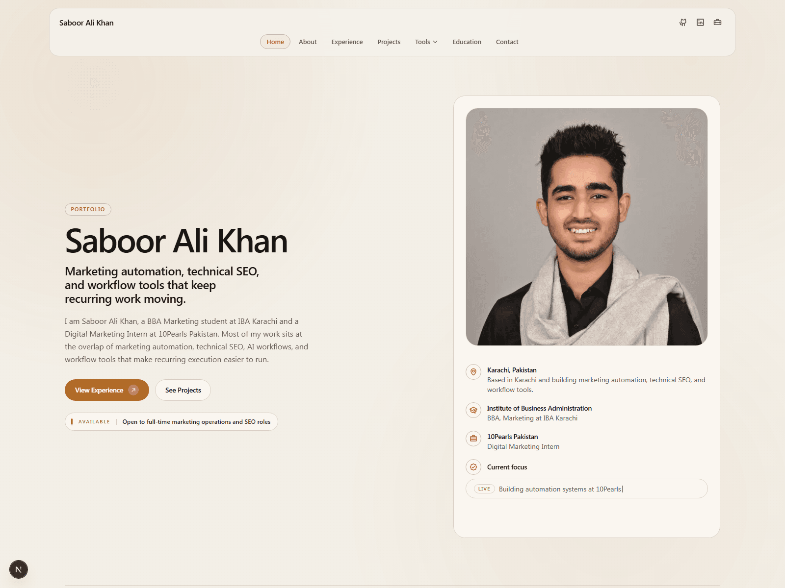 Saboor Ali Khan portfolio homepage screenshot — hero, experience timeline, projects, and public tools entry points at sabooralikhan.com.