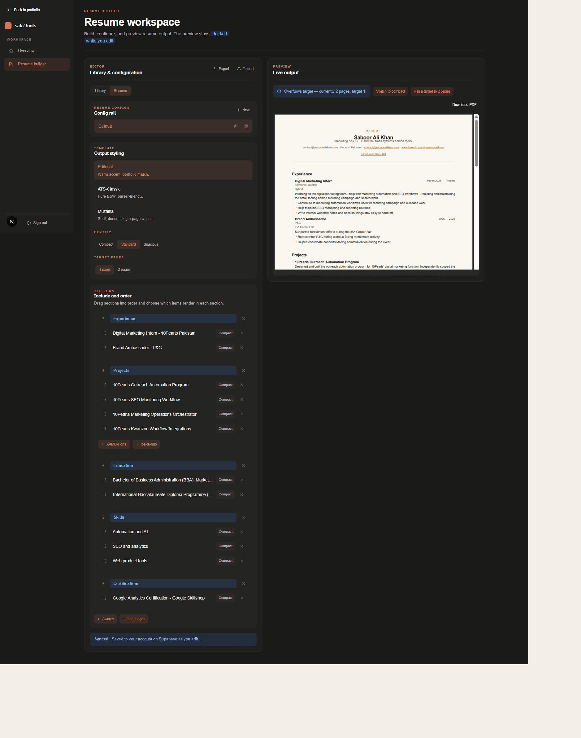 Saboor Ali Khan portfolio tools workspace screenshot — public resume builder and workflow utilities surface at sabooralikhan.com/tools.