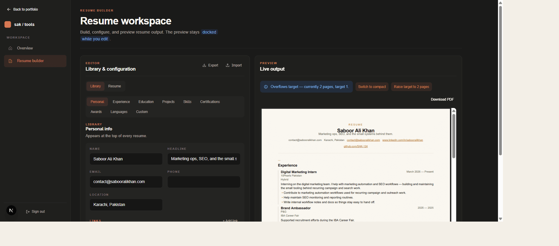 Saboor Ali Khan resume builder library view — editable content blocks, section reordering, and resume variant management.