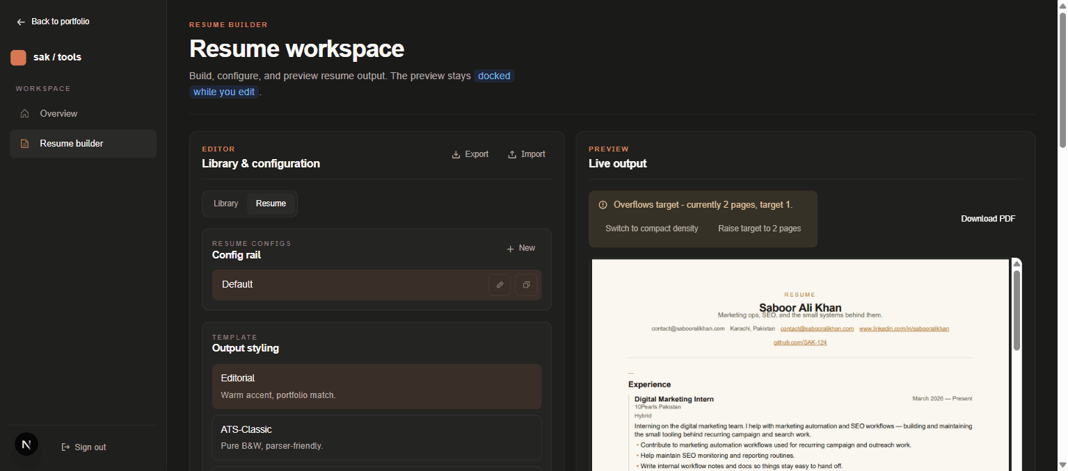 Saboor Ali Khan resume builder preview screen — live PDF dock and editing layout for ATS-friendly resume generation at sabooralikhan.com/tools/resume-builder.