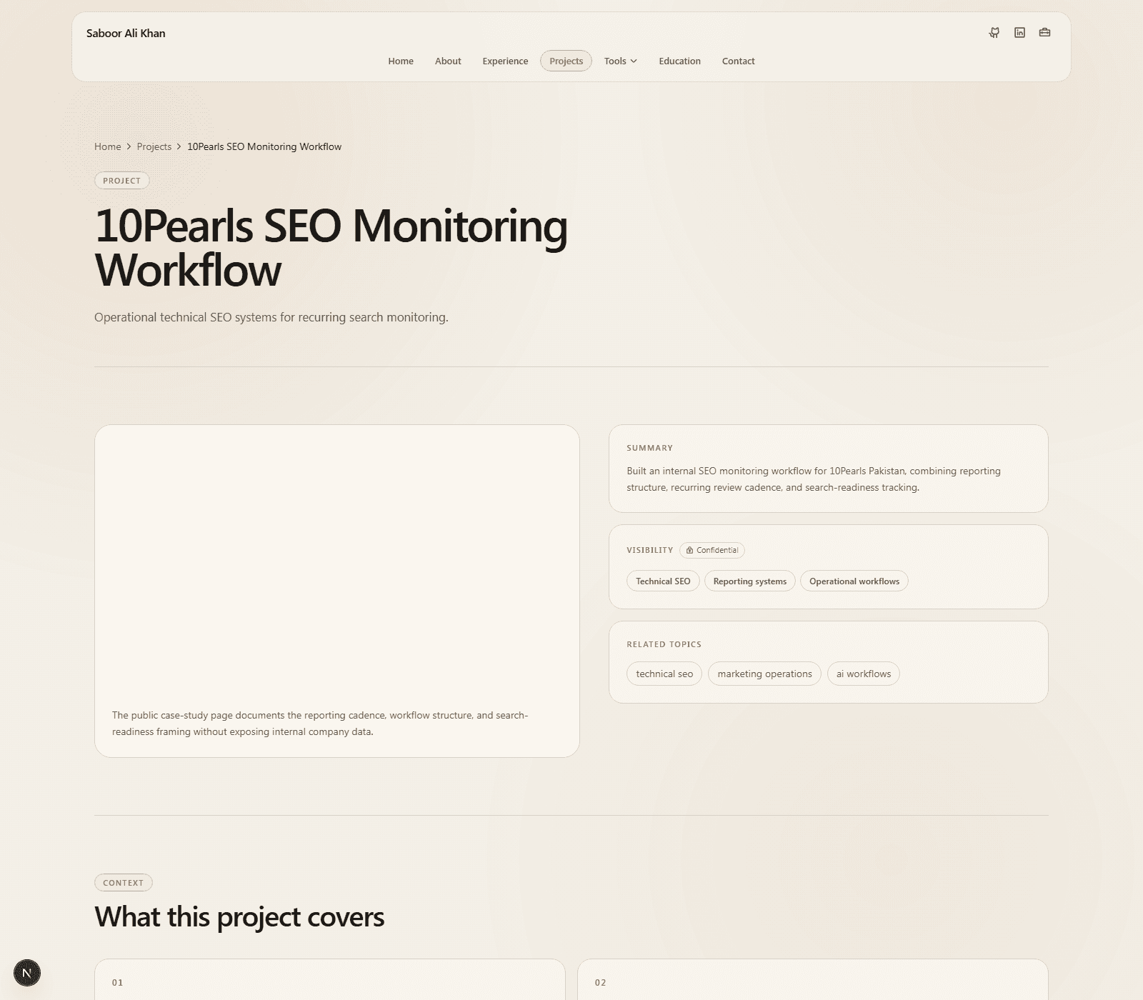 Saboor Ali Khan 10Pearls SEO monitoring workflow case-study page screenshot — technical SEO reporting and search-readiness routines.